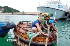 Bộ đội Biên phòng Cô Tô giúp người dân chằng, neo đậu tàu thuyền tránh trú bão. (Ảnh: Thu Báu/TTXVN phát)