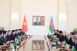 Chiều 7/5/2025, giờ địa phương (tối cùng ngày, giờ Hà Nội), tại Phủ Tổng thống-Cung Zugulba ở thủ đô Baku, Tổng Bí thư Tô Lâm hội đàm cấp Nhà nước với Tổng thống Azerbaijan Ilham Aliyev, Chủ tịch Đảng Azerbaijan Mới cầm quyền. (Ảnh: Thống Nhất/TTXVN)