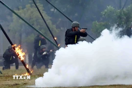 Chiến sỹ Cảnh sát gìn giữ hòa bình số 1 trình diễn các kỹ năng, kỹ thuật chiến đấu; xử lý các tình huống có thể xảy ra trong thực chiến. (Ảnh: Phạm Kiên/TTXVN)