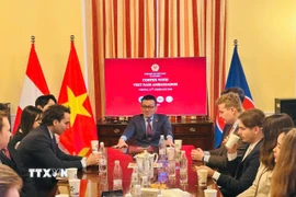 Đại sứ Việt Nam tại Áo Vũ Lê Thái Hoàng đã gặp và nói chuyện với giảng viên và học viên cao học quốc tế của Học viện Ngoại giao Áo. (Nguồn: TTXVN phát)