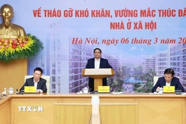 Thủ tướng Phạm Minh Chính chủ trì hội nghị thúc đẩy phát triển nhà ở xã hội. (Ảnh: Dương Giang/TTXVN)