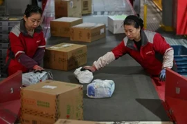 Công nhân Trung Quốc phân loại các gói hàng tại kho của JD trong Ngày độc thân. (Nguồn: RTE)