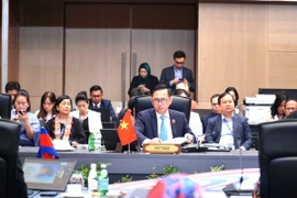 Đại sứ Trần Đức Bình, Quyền trưởng SOM ASEAN Việt Nam, dẫn đầu đoàn đại biểu tham dự hội nghị. (Ảnh: Hằng Linh/TTXVN)