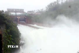 Hồ Kẽ Gỗ xả tràn qua Dốc Miếu với lưu lượng 150m3/giây. (Ảnh: Công Tường/TTXVN)