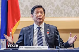 Tổng thống Philippines Ferdinand Romualdez Marcos Jr. phát biểu trong một cuộc họp báo. (Nguồn: Kyodo/TTXVN)