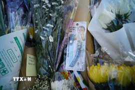 Đặt hoa tưởng niệm các nạn nhân tại khu tổ hợp Wang Fuk Court ở Tai Po, Hong Kong (Trung Quốc), ngày 29/11/2025. (Nguồn: THX/TTXVN)