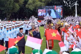 Tổng thống Indonesia Prabowo Subianto chủ trì Lễ đón Tổng Bí thư Tô Lâm tại Phủ Tổng thống ở Thủ đô Jakarta. (Ảnh: Thống Nhất/TTXVN)