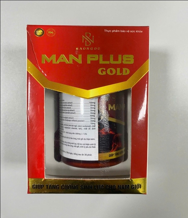 Mẫu sản phẩm thực phẩm bảo vệ sức khỏe Man Plus Gold. (Nguồn: Cục An toàn thực phẩm)