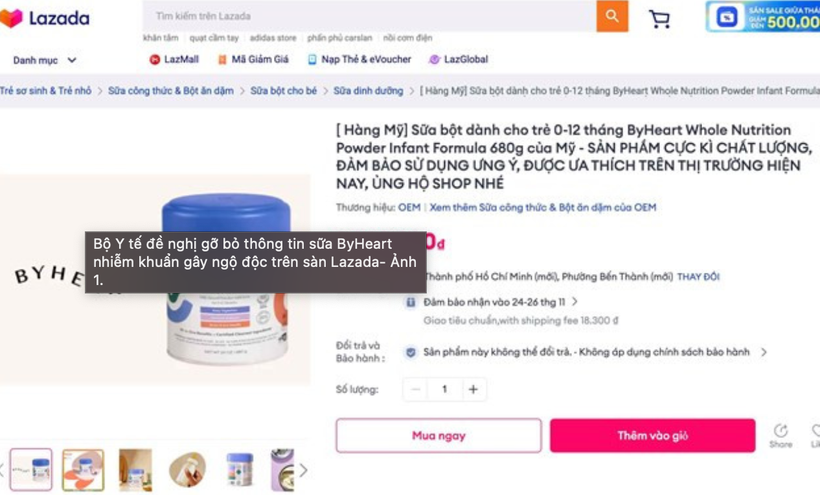 Sữa ByHeart nghi gây ngộ độc ở Mỹ vẫn bán trên sàn thương mại điện tử tại Việt Nam. (Ảnh chụp màn hình)