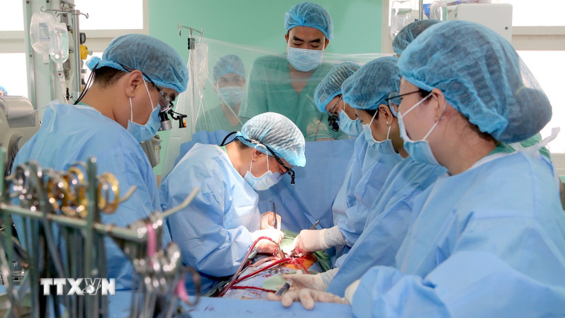 Êkíp bệnh viện Trung ương Huế hiện ghép tim cho bệnh nhân. (Ảnh: TTXVN phát)