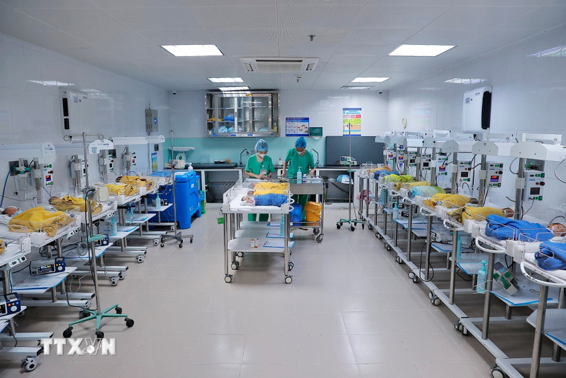 Nhân viên y tế chăm sóc cho trẻ sơ sinh. (Ảnh: TTXVN)