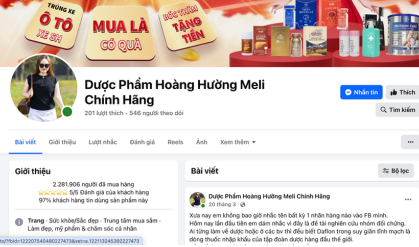 Fanpage có tên "Dược phẩm Hoàng Hường Meli chính hãng".