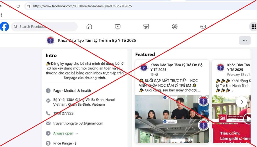 Bộ Y tế thông tin trang Fanpage tuyển sinh khóa học giả mạo. (Ảnh chụp màn hình)