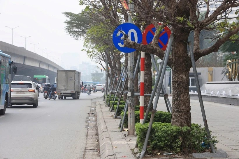 Cột biển báo giao thông được cắm giữa hàng cây và rất dễ bị che khuất tầm nhìn với người đi đường. (Ảnh: PV/Vietnam+) 