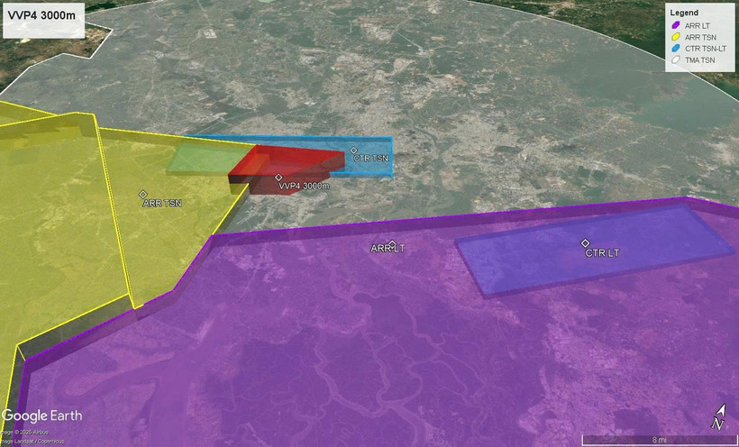 Khu vực cấm bay VVP4, sau khi giảm độ cao xuống 1.500m. (Ảnh: VATM cung cấp)