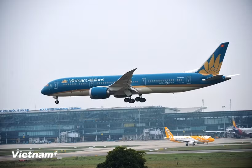 Máy bay của Vietnam Airlines chuẩn bị hạ cánh tại Sân bay Quốc tế Nội Bài. (Ảnh: PV/Vietnam+)