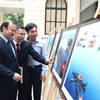 Thứ trưởng Thường trực Bộ Văn hóa, Thể thao và Du lịch Lê Hải Bình tham quan triển lãm các tác phẩm đoạt giải cuộc thi "Happy Vietnam" mùa trước. (Ảnh: Nam Nguyễn/Vietnam+)
