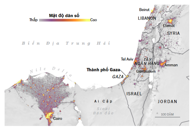 Bản đồ Dài Gaza và đồ thị mật độ dân số ở đây. Nguồn: WAPO