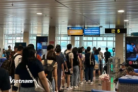 Hành khách làm thủ tục tại cửa lên máy bay tại một cảng hàng không. (Ảnh: Việt Hùng/Vietnam+)