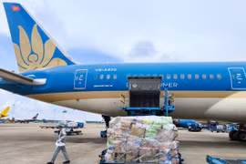 Vietnam Airlines vận chuyển miễn phí hàng hóa hỗ trợ vùng mưa lũ miền Trung. (Ảnh: PV/Vietnam+)