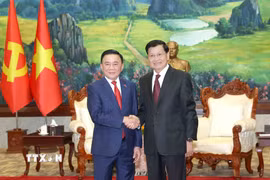 Thường trực Ban Bí thư Trần Cẩm Tú hội kiến Tổng Bí thư, Chủ tịch nước Lào Thongloun Sisoulith. (Ảnh: Phương Hoa/TTXVN)