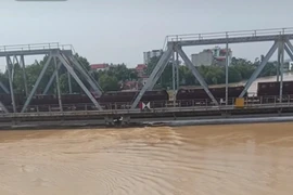 Đoàn tàu chở hàng nặng 300 tấn được bố trí án ngữ trên cầu đường sắt sông Thương để đối phó nước lũ trước nguy cơ cuốn trôi cầu. (Ảnh: PV/Vietnam+)
