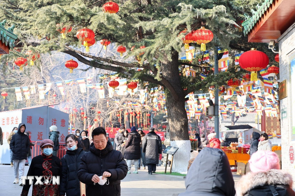 Người dân Bắc Kinh đến chùa Linh Quang Tự - một trong những ngôi chùa cổ kính ở Bắc Kinh để cầu mong hạnh phúc, bình an đến với gia đình trong dịp năm mới. (Ảnh: Quang Hưng/TTXVN).