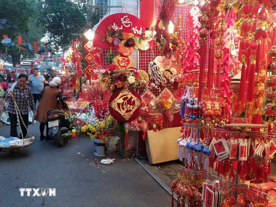Không chỉ phục vụ nhu cầu sắm Tết của người dân, khu phố nhộn nhịp dịp năm mới còn trở thành nét văn hóa độc đáo của Hà Nội. (Nguồn: Thái Hà/Vietnam+)