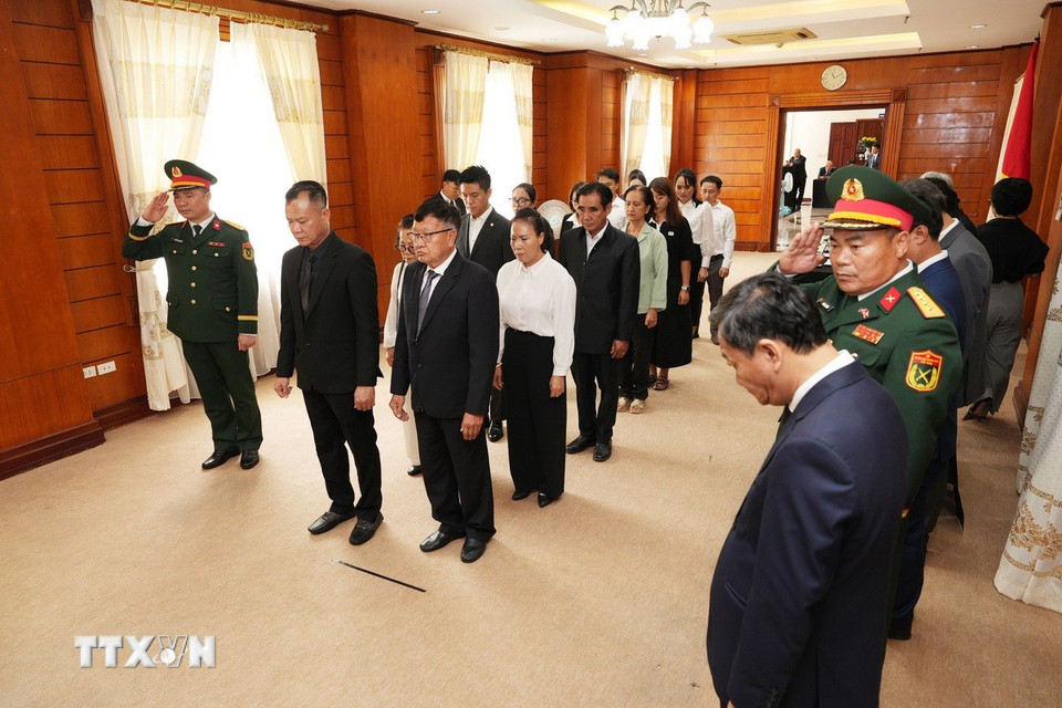 Đoàn đại biểu Hội người Việt Nam thủ đô Viêng Chăn vào viếng nguyên Chủ tịch nước Trần Đức Lương. (Ảnh: Đỗ Bá Thành/TTXVN)