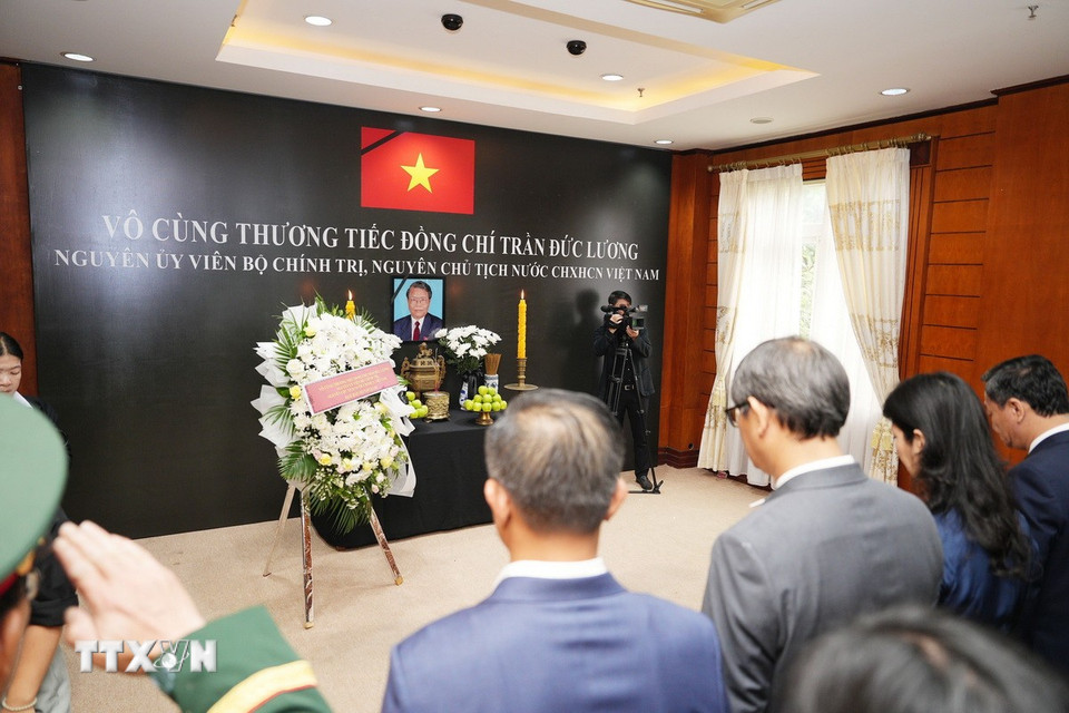 Đoàn đại biểu Đại sứ quán Việt Nam và các cơ quan bên cạnh Đại sứ quán viếng nguyên Chủ tịch nước Trần Đức Lương. (Ảnh: Đỗ Bá Thành/TTXVN)