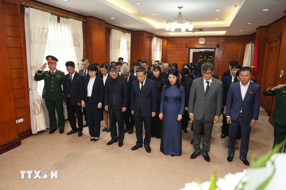 Đoàn đại biểu Đại sứ quán Việt Nam tại Lào và các cơ quan bên cạnh Đại sứ quán vào viếng nguyên Chủ tịch nước Trần Đức Lương. (Ảnh: Đỗ Bá Thành/TTXVN)