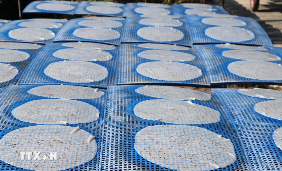 Bánh tráng truyền thống ở xã Hậu Thành, huyện Cái Bè, tỉnh Tiền Giang gồm bánh tráng dừa và bánh tráng trắng. (Ảnh: Hữu Chí/TTXVN)