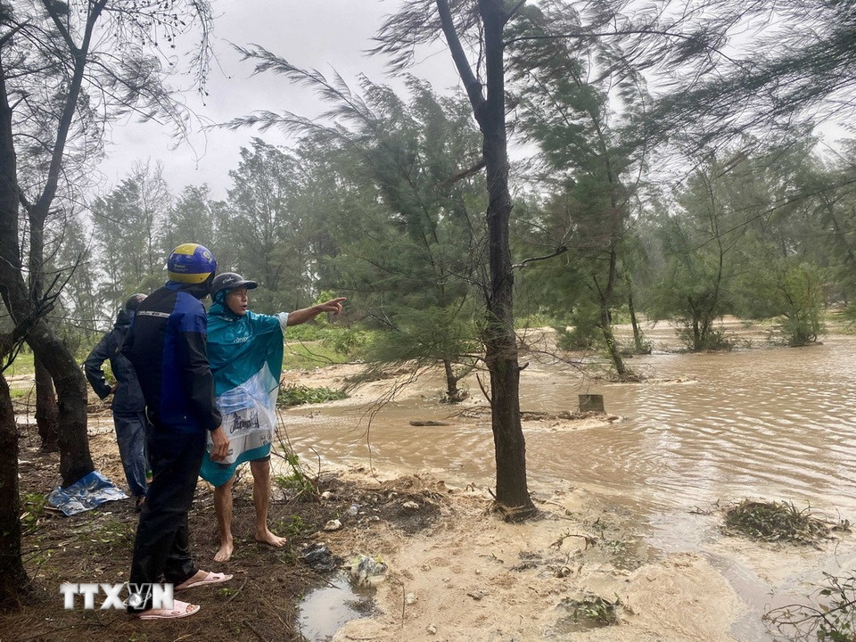 Bão số 5 gây sóng to, gió mạnh tại khu vực đê Hội Thống, xã Đan Hải. (Ảnh: Hữu Quyết/TTXVN)