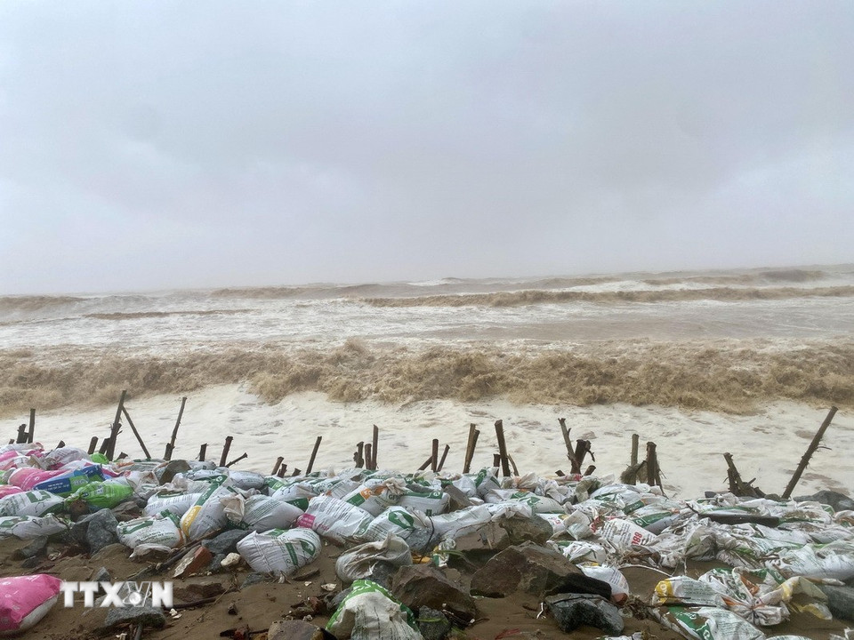 Bão số 5 gây sóng to, gió mạnh tại khu vực đê Hội Thống, xã Đan Hải. (Ảnh: Hữu Quyết/TTXVN)