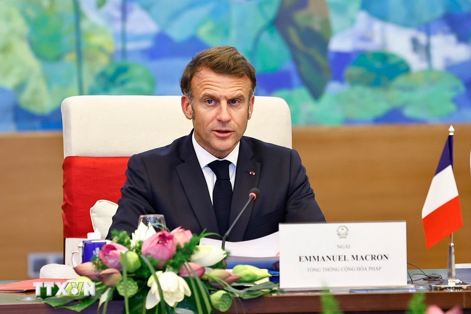 Tổng thống Pháp Emmanuel Macron phát biểu. (Ảnh: Doãn Tấn/TTXVN)