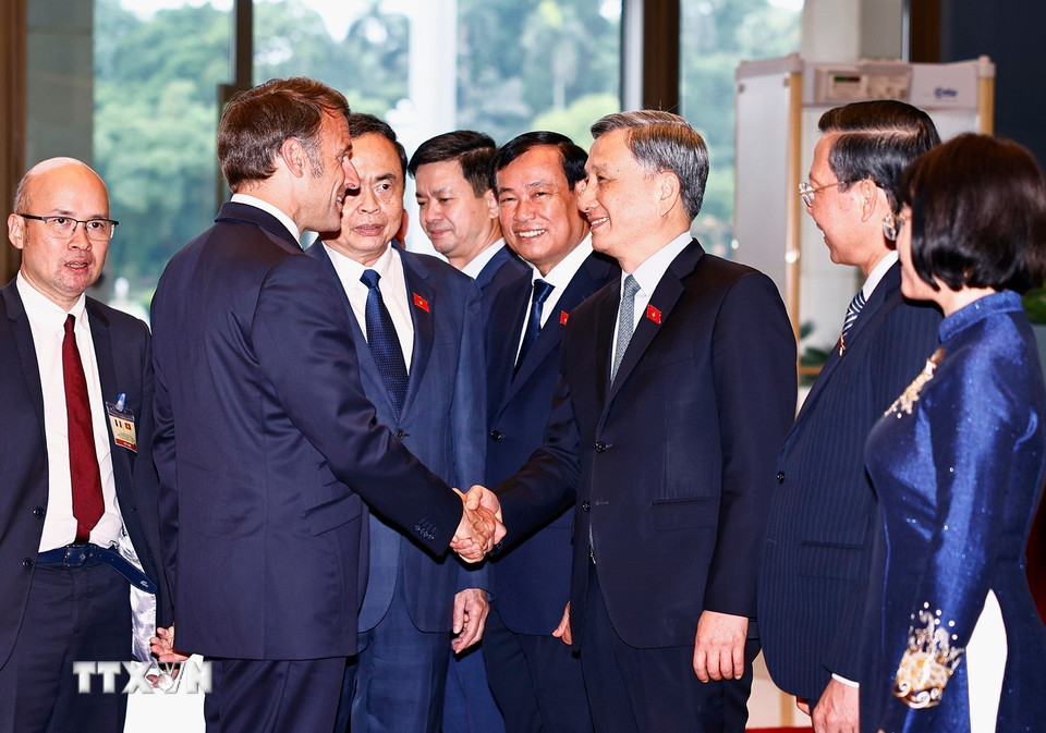 Chủ tịch Quốc hội Trần Thanh Mẫn và đại biểu Việt Nam đón Tổng thống Cộng hoà Pháp Emmanuel Macron. (Ảnh: Doãn Tấn/TTXVN)