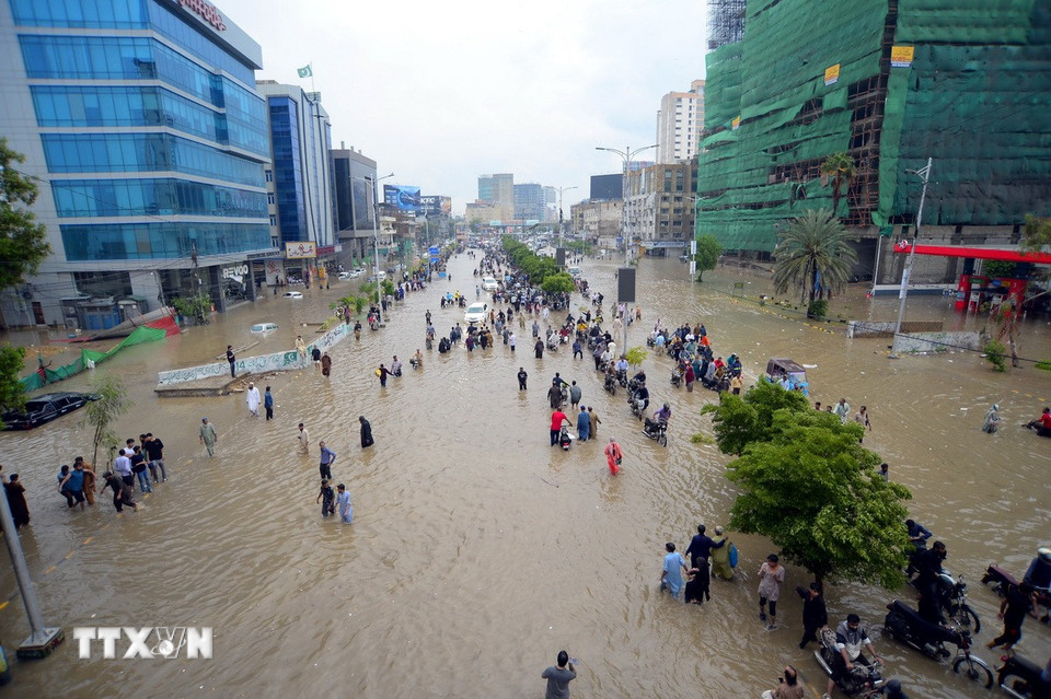 Ngày 19/8, các cơ quan ứng phó thảm họa của Pakistan thông báo số nạn nhân thiệt mạng do mưa lớn và lũ quét nghiêm trọng xảy ra ở nước này, đặc biệt là khu vực Khyber Pakhtunkhwa, Tây Bắc Pakistan, đã lên đến 365 người và hơn 150 người vẫn mất tích. Cơ quan Quản lý thiên tai (NDMA) dự báo các đợt mưa lớn có khả năng tiếp diễn trên khắp Pakistan cho đến ngày 10/9. Ảnh: Ngập lụt do mưa lớn ở thành phố Karachi, ngày 19/8/2025. (Nguồn: THX/TTXVN)