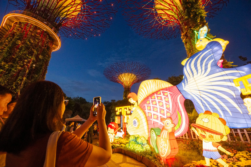 Triển lãm đèn lồng đón Trung Thu diễn ra từ ngày 22/9 đến 12/10/2025 tại Singapore, trưng bày các tác phẩm nghệ thuật đèn lồng khổng lồ rực rỡ sắc màu, thu hút người dân và du khách tới tham quan. (Ảnh: THX/TTXVN)