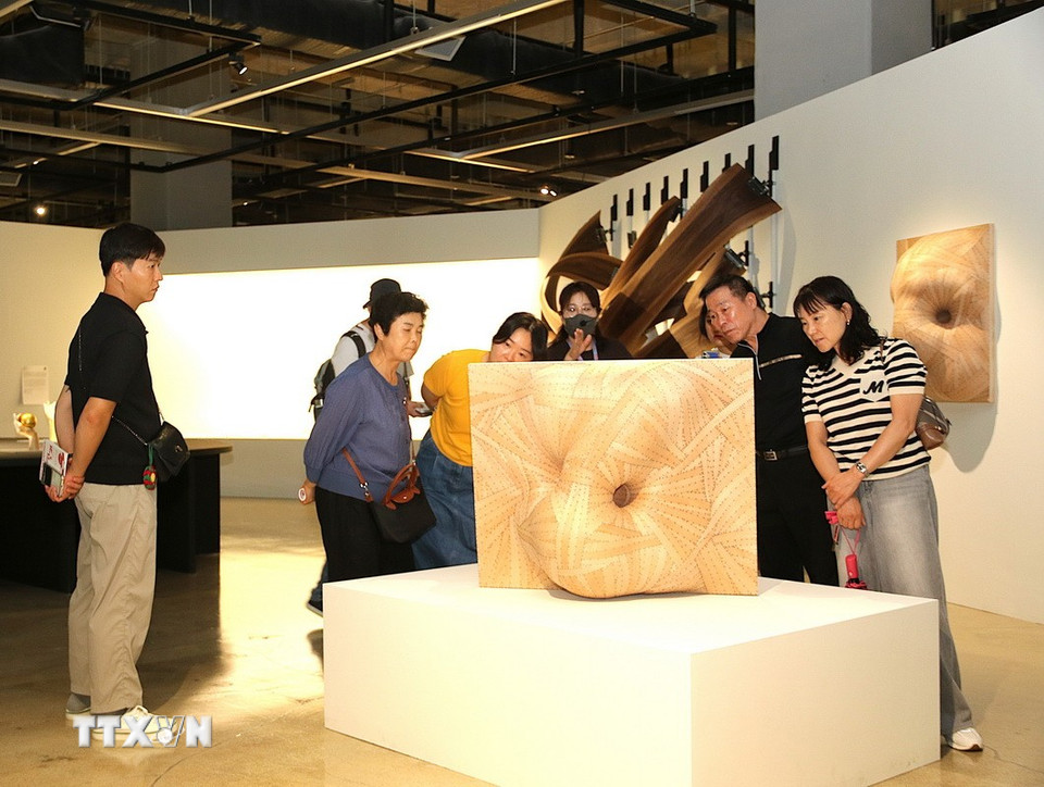 Nghệ nhân Kim hee chan với tác phẩm gỗ khối kết nối con người với thiên nhiên. (Ảnh: Khánh Vân/TTXVN)