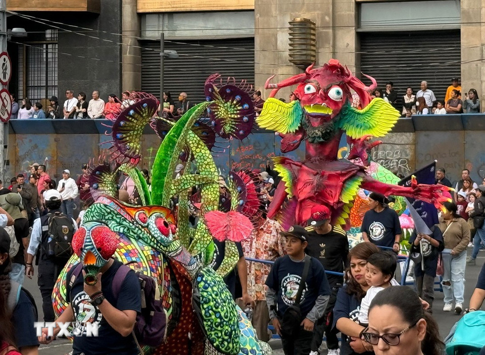 Lễ diễu hành các tác phẩm điêu khắc dân gian Alebrijes đang diễn ra tại thủ đô Mexico City, Mexico. Các đoàn rước hào hứng giới thiệu những tác phẩm điêu khắc nghệ thuật khổng lồ, màu sắc rực rỡ, tái hiện hình ảnh các linh vật hoặc sinh vật kỳ thú giàu sức tưởng tượng, mang đặc trưng nền văn minh Zapotec cổ xưa ở Mexico. (Ảnh: THX/TTXVN)