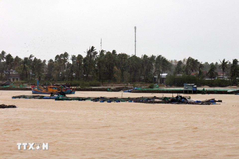 Mưa lũ đã gây thiệt hại nặng nề các lồng bè nuôi trồng thủy sản tại xã Xuân Cảnh, tỉnh Đắk Lắk. (Ảnh: Đỗ Trưởng/TTXVN)