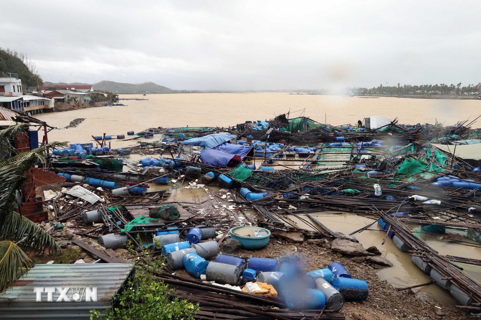 Mưa lũ gây thiệt hại nặng nề các lồng bè nuôi trồng thủy sản tại xã Xuân Cảnh, tỉnh Đắk Lắk. (Ảnh: Đỗ Trưởng/TTXVN)