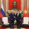 Chủ tịch nước Lương Cường tiếp Chủ tịch Duma Quốc gia Nga Vyacheslav Volodin. (Ảnh: Lâm Khánh/TTXVN)