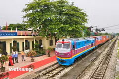 Một đoàn tàu chở hàng liên vận kết nối sang Trung Quốc. (Ảnh: Việt Hùng/Vietnam+)