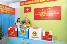 Hòa thượng Thích Thiện Nhơn, Chủ tịch Hội đồng Trị sự Giáo hội Phật giáo Việt Nam tham gia bỏ phiếu tại khu vực bỏ phiếu số 1, phường Nhiêu Lộc, TP Hồ Chí Minh. (Ảnh: Hồng Đạt/TTXVN)