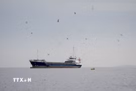 Tàu thủy di chuyển ở eo biển Hormuz, ngoài khơi tỉnh Musandam của Oman, ngày 12/4/2026. (Ảnh: Reuters/TTXVN)