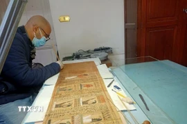 Chuyên gia Phòng thí nghiệm Bảo tồn Giấy cói của bảo tàng đang phục chế cuộn giấy cói của người ghi chép User-Hat-Mes. (Ảnh: TTXVN phát)