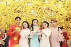 Nhiều bạn trẻ mặc trang phục áo dài trong Lễ hội Xuân. (Ảnh: Thu Hương/TTXVN)