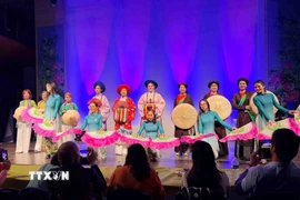 Màn trình diễn áo dài mang tên “Ba miền chung một dáng hoa”, do Câu lạc bộ Di sản Áo dài Việt Nam tại Vương quốc Bỉ phối hợp với Hội phụ nữ UGVB thực hiện. (Ảnh: Hương Giang/TTXVN)