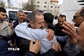 Người thân đón các tù nhân Palestine được trả tự do tại thành phố Ramallah, Khu Bờ Tây, ngày 1/2/2025. (Ảnh: THX/TTXVN)
